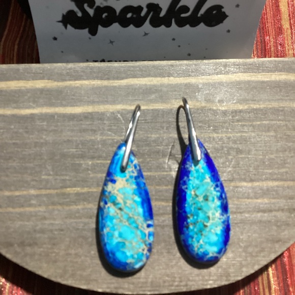 🪸Blue Sea Sediment Waterdrop Natural Stone French hook Earrings🐚 - Picture 11 of 12